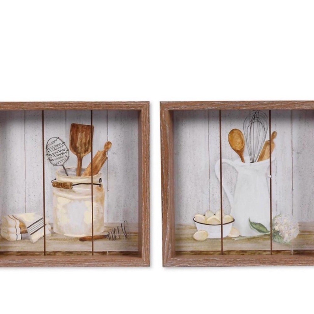 Rustic Kitchen Wall Art Set - Brown and White